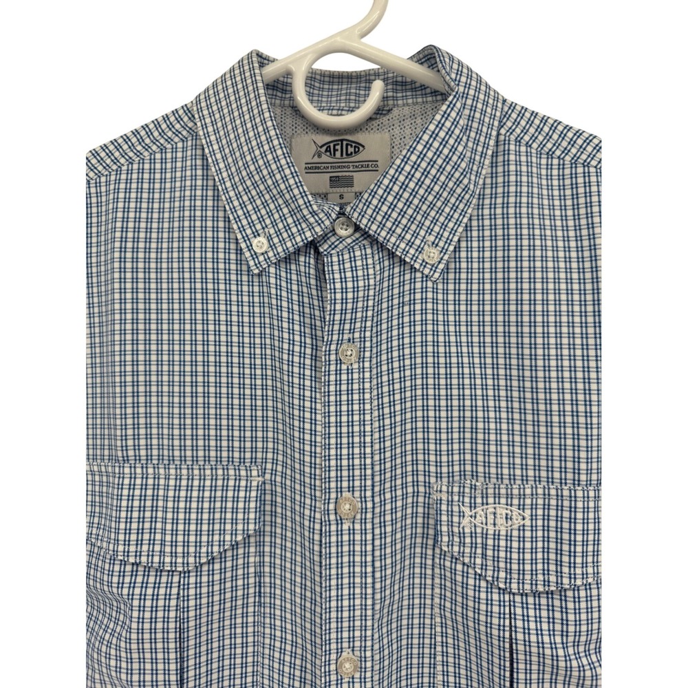 AFTCO Mens Plaid Short Sleeve Button Down Fishing Shirt Size S Blue White